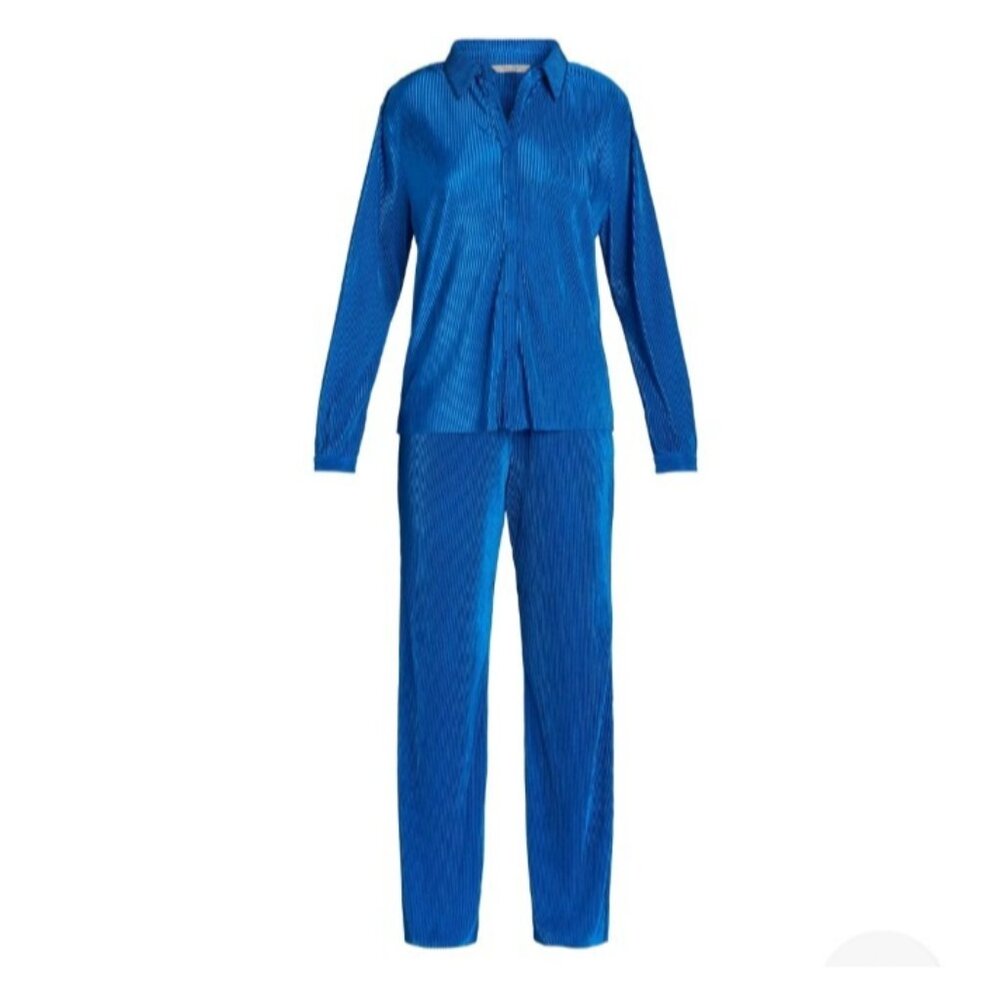 Women's 2 Piece Plisse Pleat Pants Set by Nine.Eight Size XXL Blue Casual Comfor